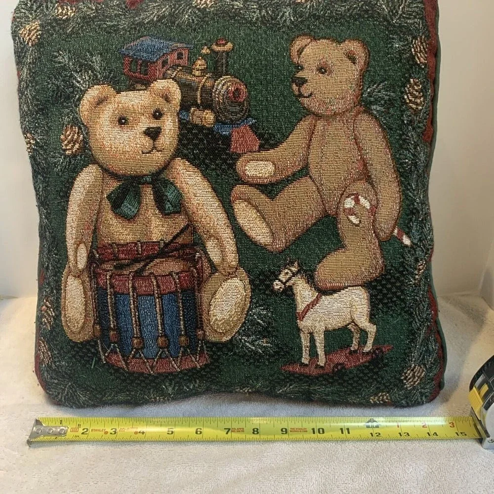 Vintage Christmas Teddy Bear Tapestry Square Throw Pillow Toys Train‎ Drum